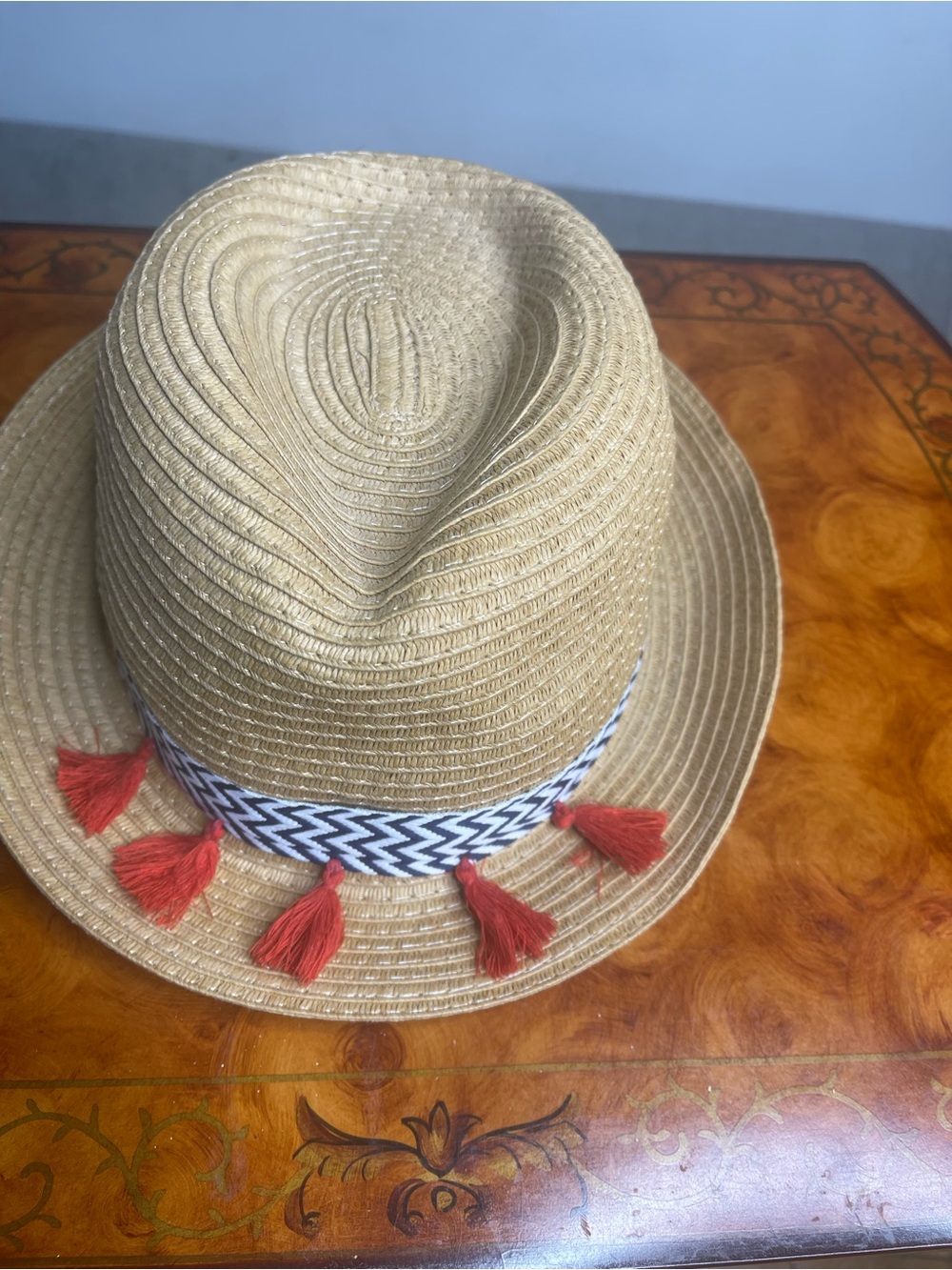 Men's Straw Fedora Hat with Red Tassel Trim